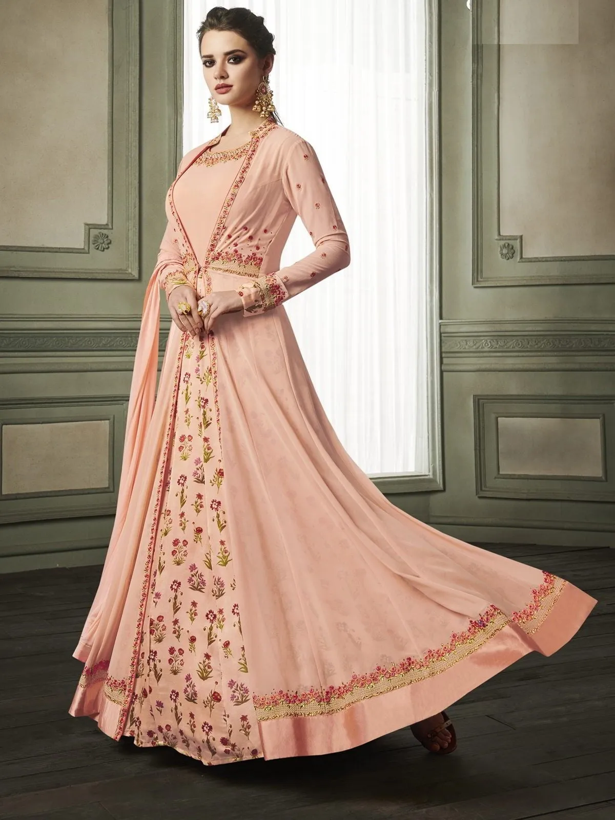 Peach Overcoat Style Embroidered Anarkali Suit