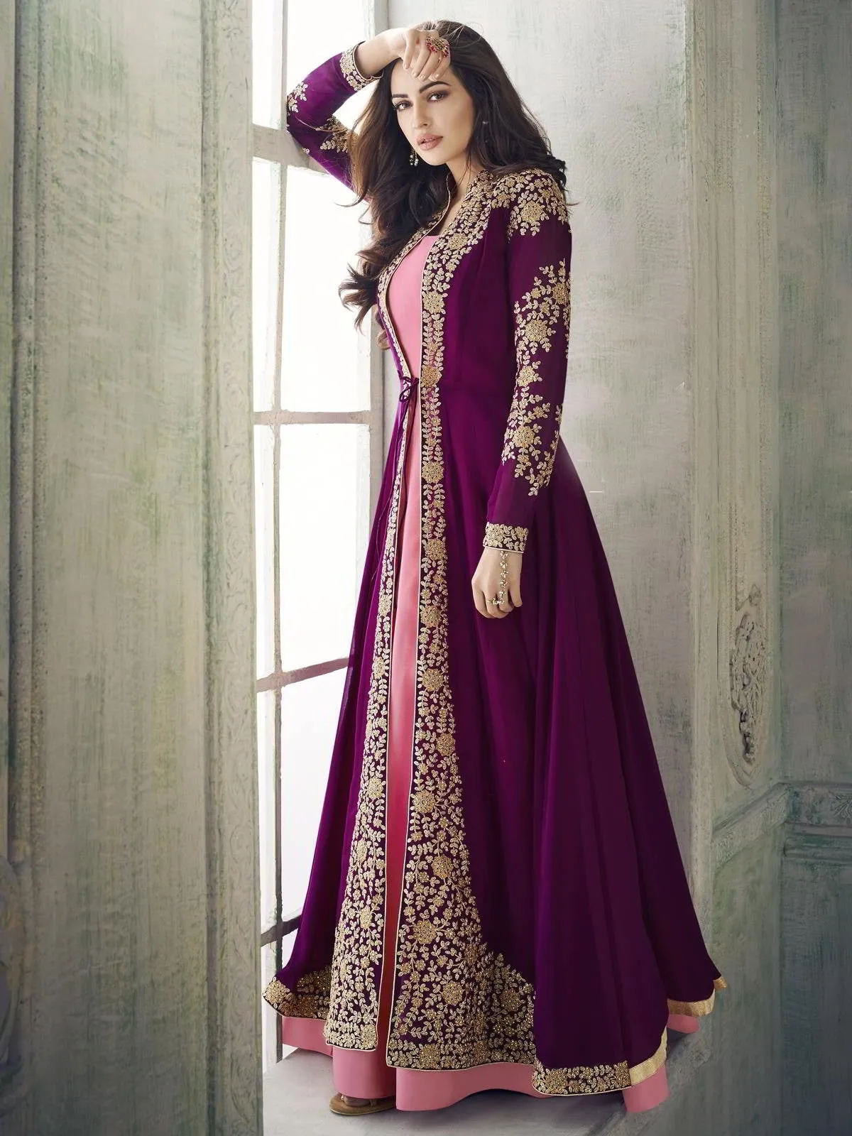 Plum And Pink Jacket Style Embroidered Pant Suit