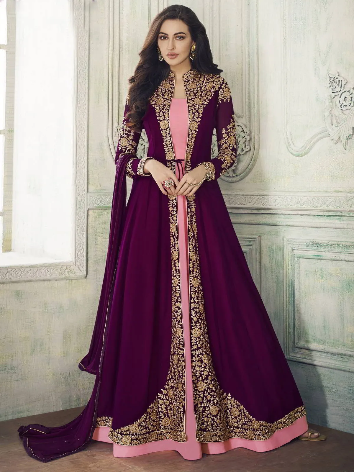 Plum And Pink Jacket Style Embroidered Pant Suit