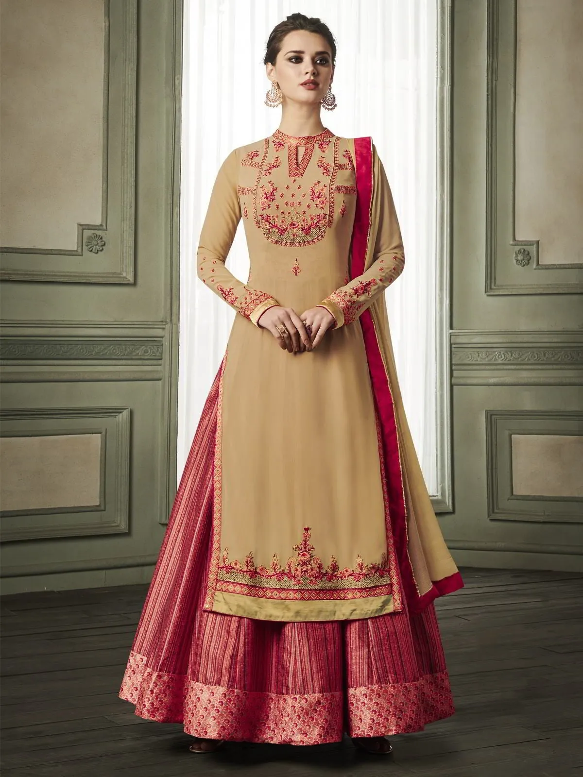 Red And Golden Overcoat Style Embroidered Anarkali Suit