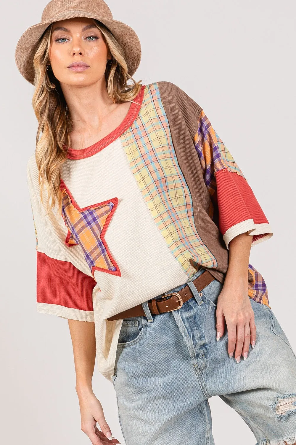 SAGE   FIG Round Neck Plaid Star Patch T-Shirt