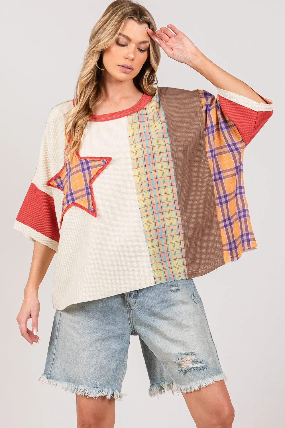 SAGE   FIG Round Neck Plaid Star Patch T-Shirt