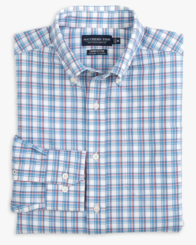 Southern Tide Men's Ashmore Plaid Brrr Intercoastal Performance Sport Shirt / Classic White