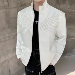 Spring Trendy Jacket Fashion Personality Pleated Design Solid Color Zipper Darkwear Male Tops Menwear 9C5051