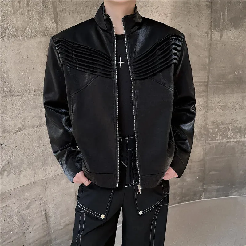 Spring Trendy Jacket Fashion Personality Pleated Design Solid Color Zipper Darkwear Male Tops Menwear 9C5051