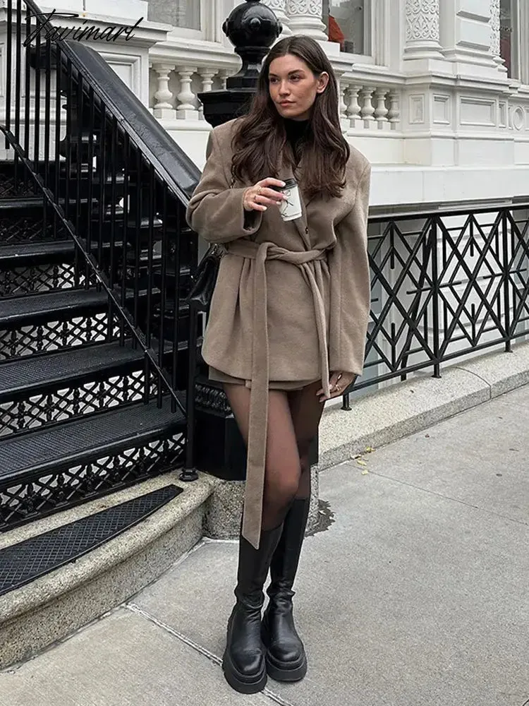 Tavimart Elegant Lapel Collar Lace-up Woolen Overcoat Women Long Sleeve Thicken Warm Coats Ladies Office Street Outerwear