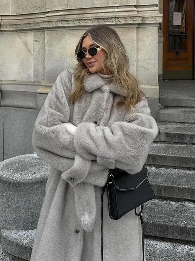 TAVIMART  -  Elegant Thicken Warm Plush Faux Fur Long Coat Women Chic Single Breasted Lapel Overcoat With Belt New Lady Winter Fluffy Outwear