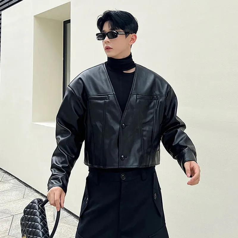 V-neck Male PU Leather Jackets Niche Design Patchwork Solid Color Baggy Men's Short Coat High Street Spring Tide 9C1611