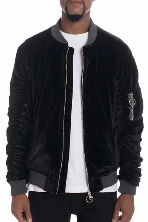 Velour Cinch Sleeve Bomber Jacket