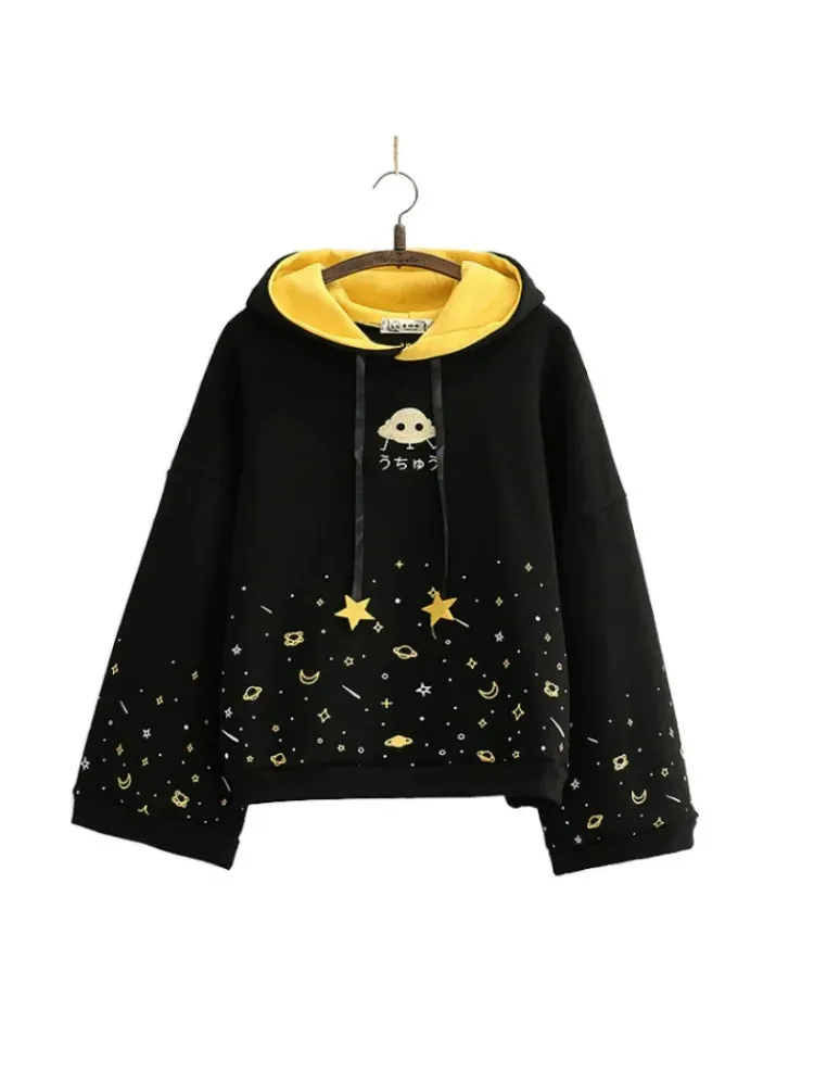 Winter Women Cartoon Embroidery Fleece Hoodies Sweatshirts Casual Flare Sleeve Tracksuits Female Hooded Pullover Warm Top