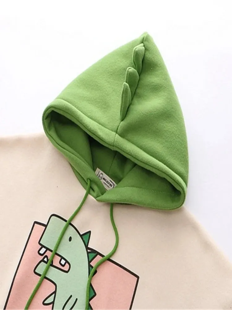 Women Dinosaur Sweatshirts Hooded Warm Fleece Hoodies Pullovers With Horns Harajuku  Girls Teens Green Hoodie