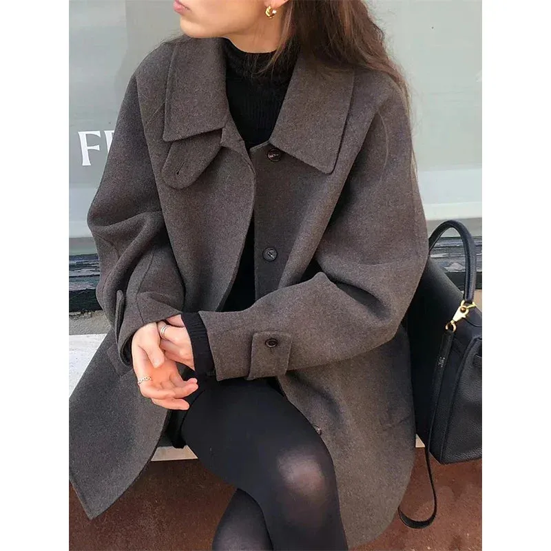 Wool Blends Coats Women Vintage Woolen Jackets Streetwear Korean Commute Outerwear Winter Ladies Elegant Chic Overcoat New